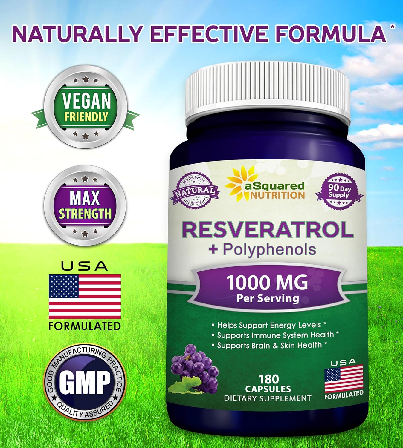 180 Capsules of aSquared Nutrition Natural Resveratrol with Red Wine Extract - Antioxidant Supplement for Heart Health - Extra Strength Trans-Resveratrol Pills
