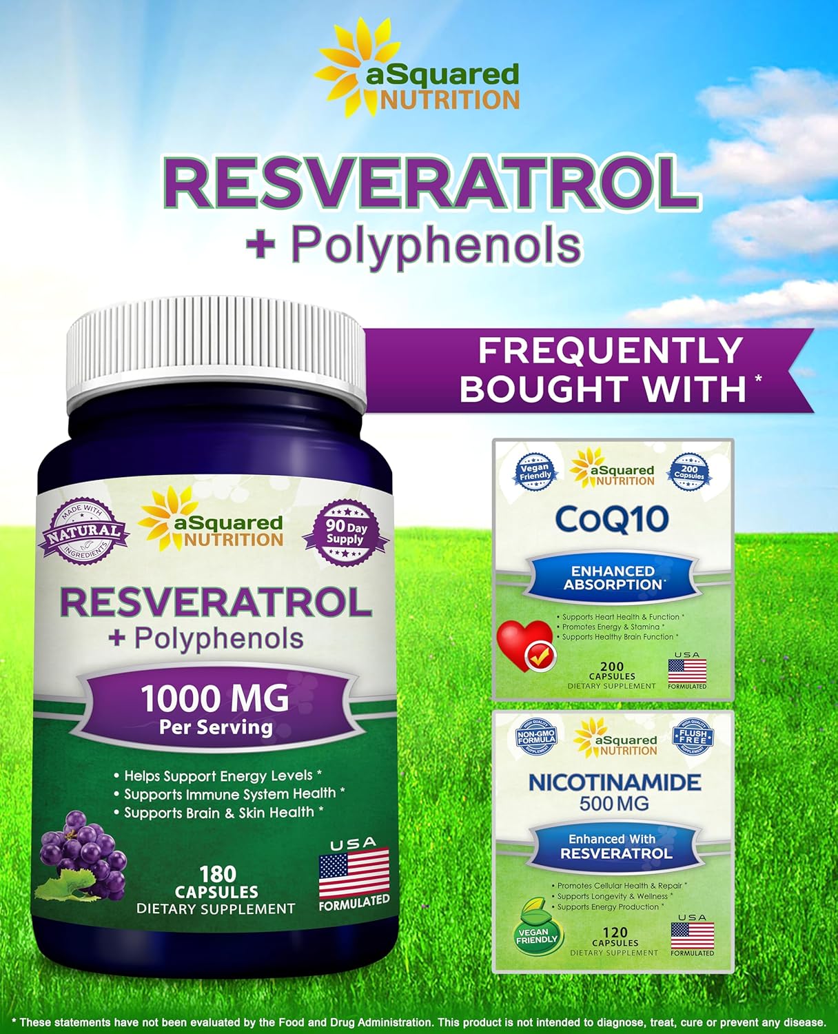 180 Capsules of aSquared Nutrition Natural Resveratrol with Red Wine Extract - Antioxidant Supplement for Heart Health - Extra Strength Trans-Resveratrol Pills