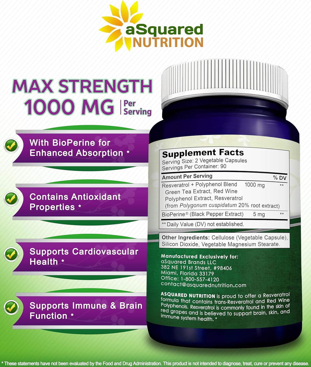 180 Capsules of aSquared Nutrition Natural Resveratrol with Red Wine Extract - Antioxidant Supplement for Heart Health - Extra Strength Trans-Resveratrol Pills