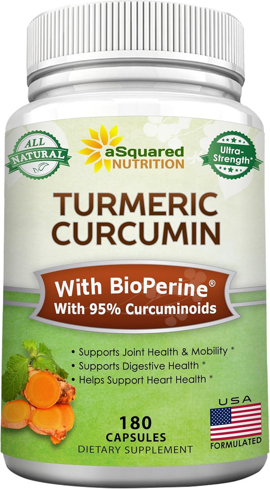 180 Capsules of aSquared Nutrition Turmeric Curcumin 1300mg with BioPerine Black Pepper Extract - 95% Curcuminoids, Natural Tumeric Root Powder Supplements for Joint Stiffness