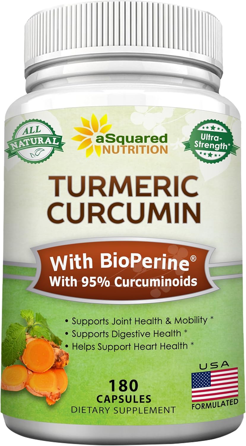 180 Capsules of aSquared Nutrition Turmeric Curcumin 1300mg with BioPerine Black Pepper Extract - 95% Curcuminoids, Natural Tumeric Root Powder Supplements for Joint Stiffness