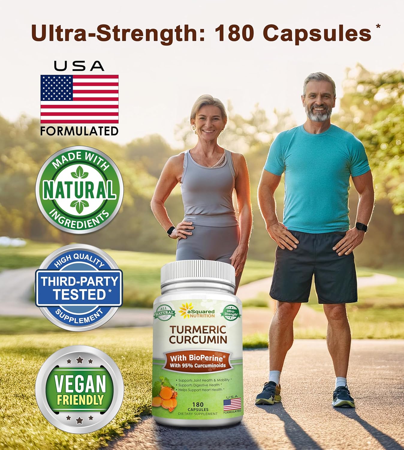 180 Capsules of aSquared Nutrition Turmeric Curcumin 1300mg with BioPerine Black Pepper Extract - 95% Curcuminoids, Natural Tumeric Root Powder Supplements for Joint Stiffness