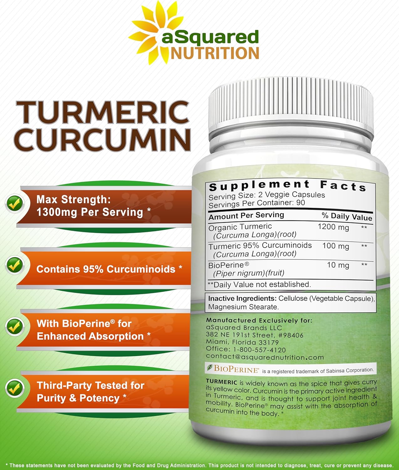 180 Capsules of aSquared Nutrition Turmeric Curcumin 1300mg with BioPerine Black Pepper Extract - 95% Curcuminoids, Natural Tumeric Root Powder Supplements for Joint Stiffness