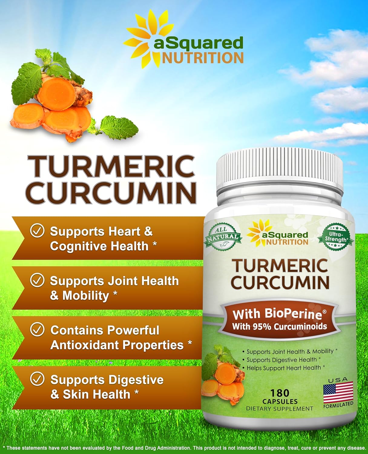 180 Capsules of aSquared Nutrition Turmeric Curcumin 1300mg with BioPerine Black Pepper Extract - 95% Curcuminoids, Natural Tumeric Root Powder Supplements for Joint Stiffness
