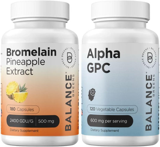 180 Capsules of Balancebreens Bromelain 500mg + Alpha GPC Choline Supplement 600mg Combo Pack