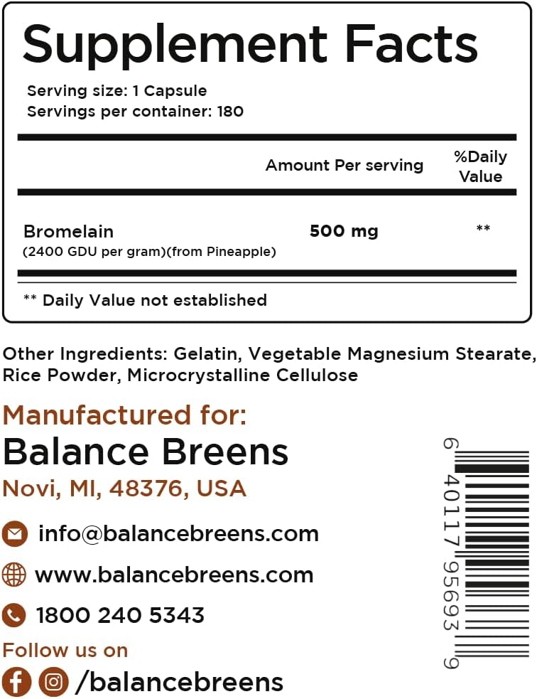 180 Capsules of Balancebreens Bromelain 500mg: Pineapple Extract for Digestive and Joint Health - Enzyme Supplement for Digestion Support
