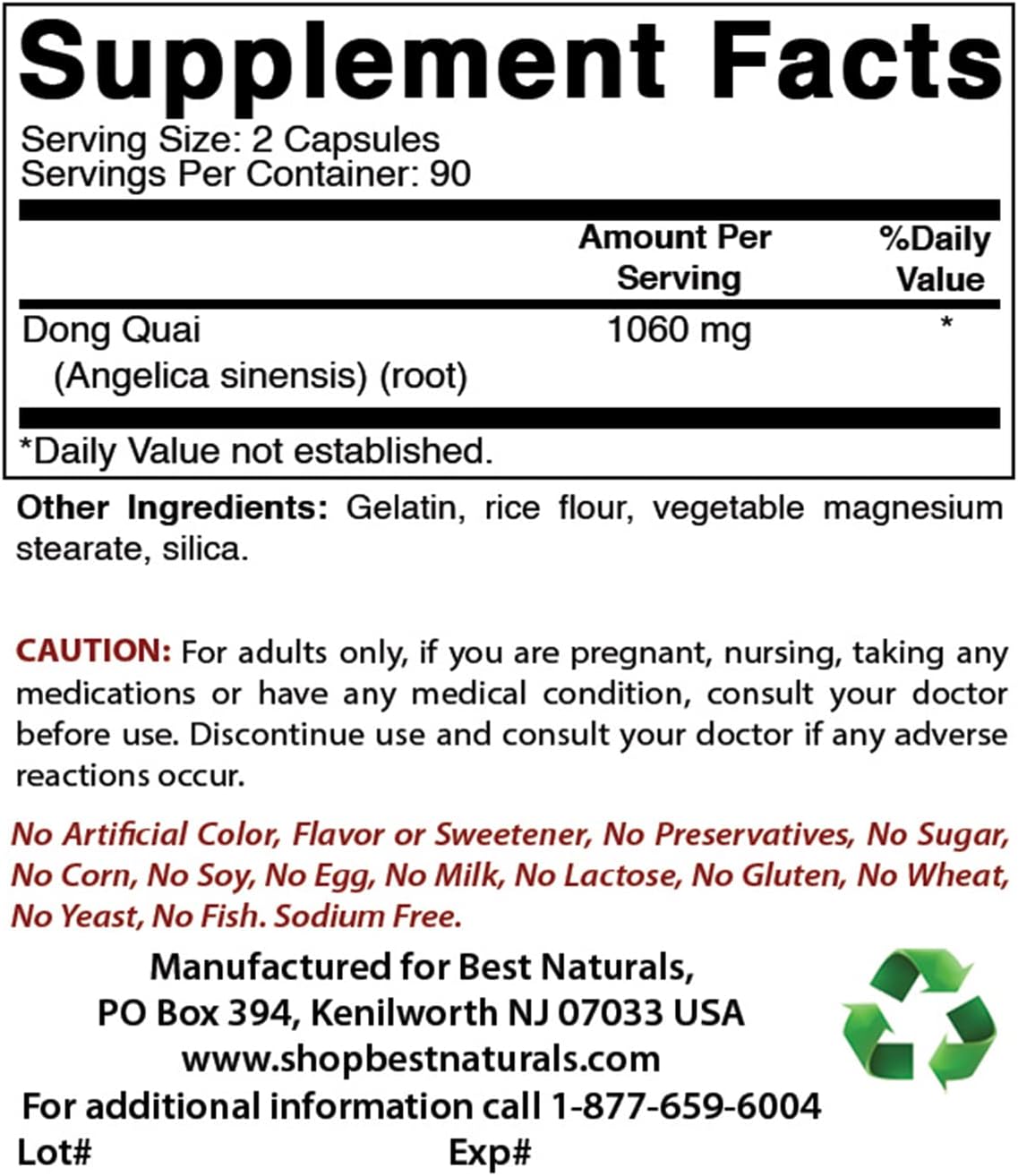 180 Capsules of Best Naturals Dong Quai 530 mg - All-Natural Women's Health Supplement