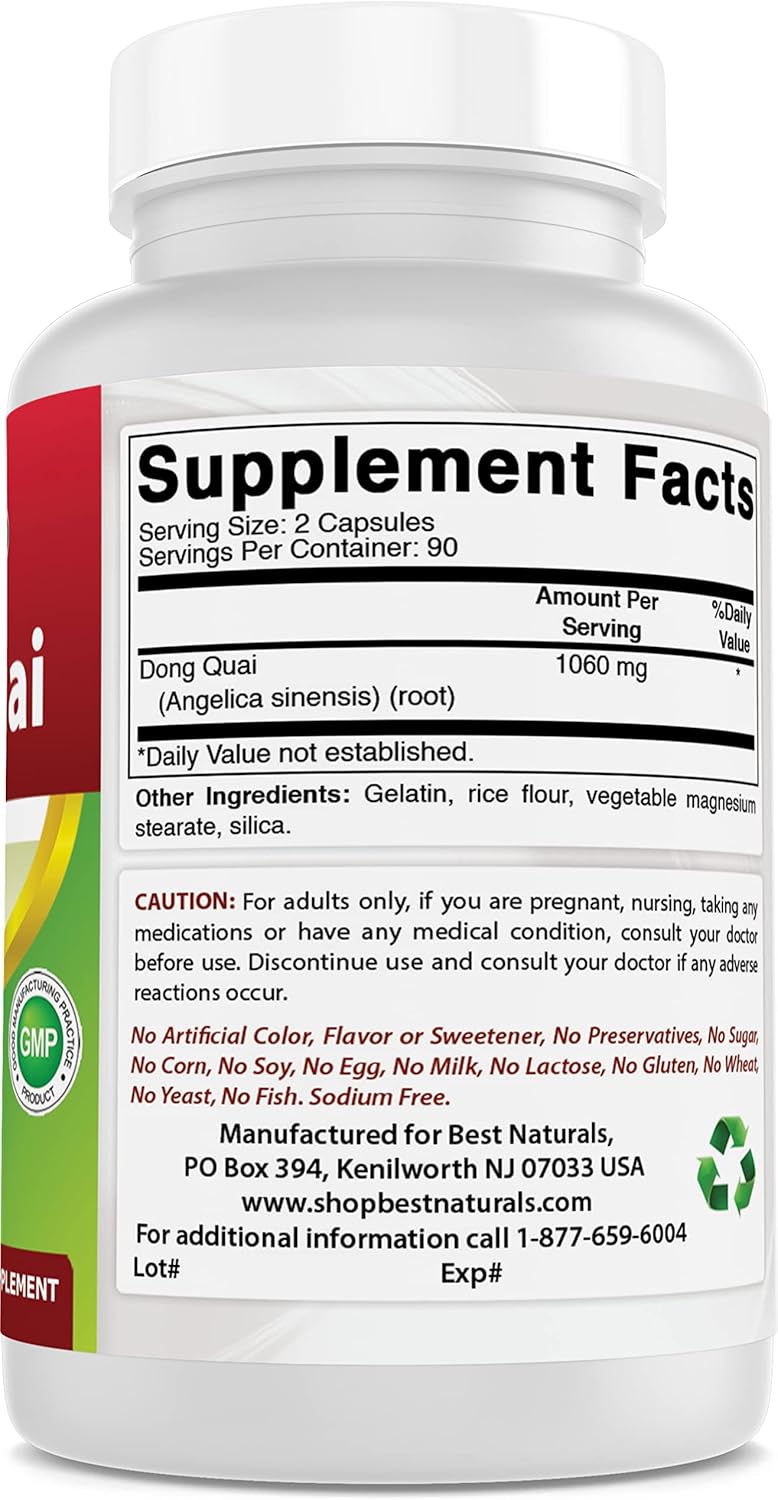 180 Capsules of Best Naturals Dong Quai 530 mg - All-Natural Women's Health Supplement