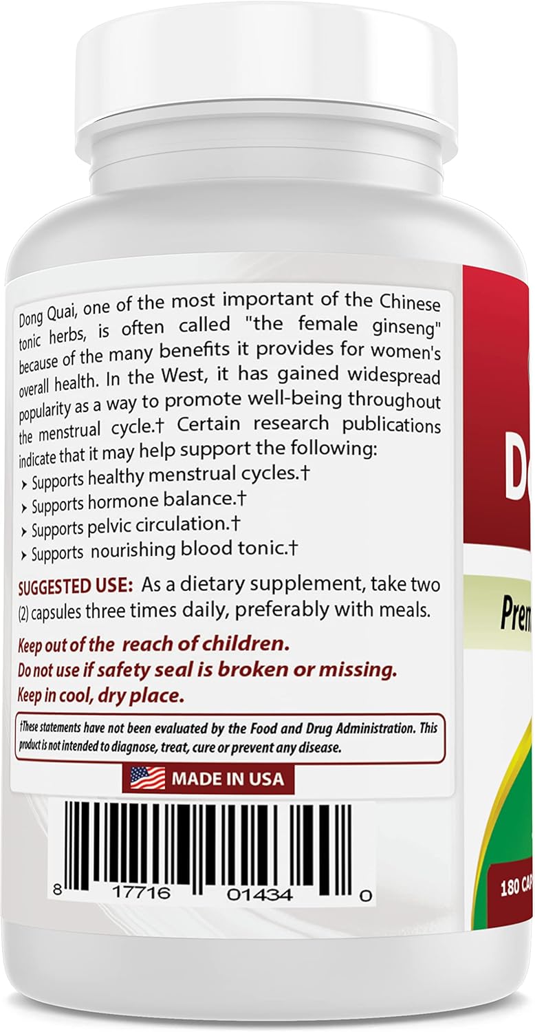 180 Capsules of Best Naturals Dong Quai 530 mg - All-Natural Women's Health Supplement