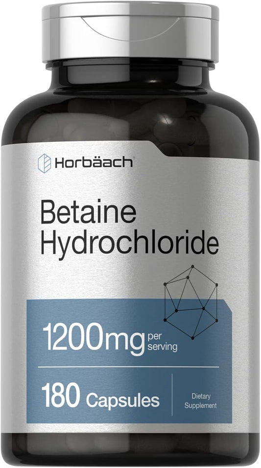 180 Capsules of Horbäach Betaine HCl 1200mg Supplement - Non-GMO and Gluten Free