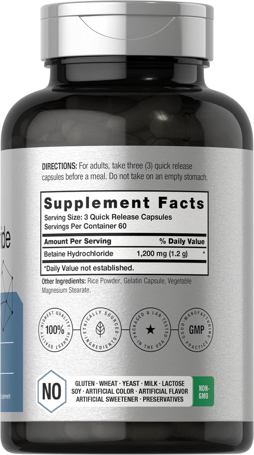180 Capsules of Horbäach Betaine HCl 1200mg Supplement - Non-GMO and Gluten Free