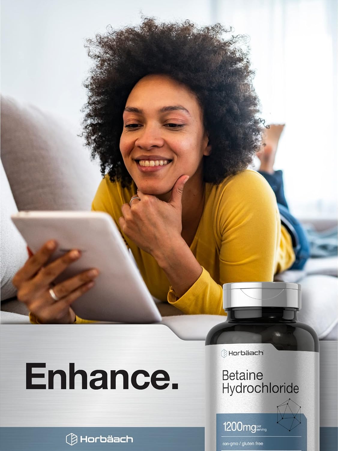 180 Capsules of Horbäach Betaine HCl 1200mg Supplement - Non-GMO and Gluten Free