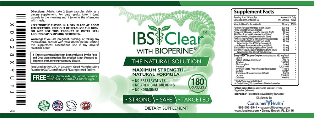180 Capsules of IBS Support with Vitamin D, Psyllium Husk, Fennel - 3 Month Supply