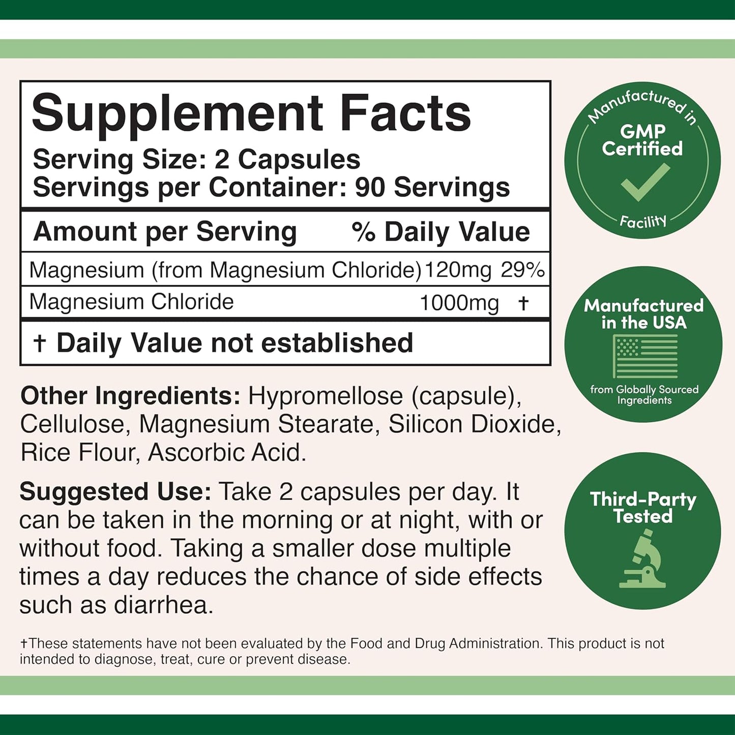 180 Capsules of Magnesium Chloride (Cloruro De Magnesio) - 1,000mg Per Serving - Supports Digestive and Bone Health - Non-GMO and Gluten Free