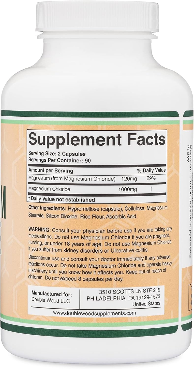 180 Capsules of Magnesium Chloride (Cloruro De Magnesio) - 1,000mg Per Serving - Supports Digestive and Bone Health - Non-GMO and Gluten Free