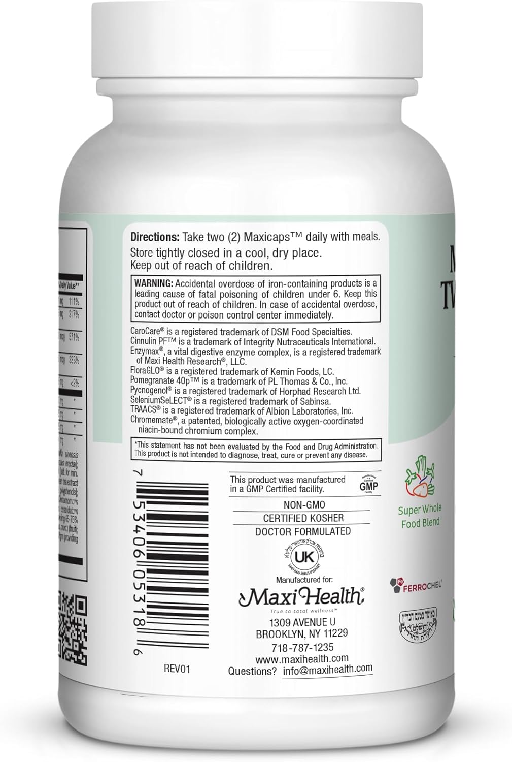 180 Capsules of Maxi Health Two Complete Multivitamins and Minerals, Full Potency, Kosher Formula