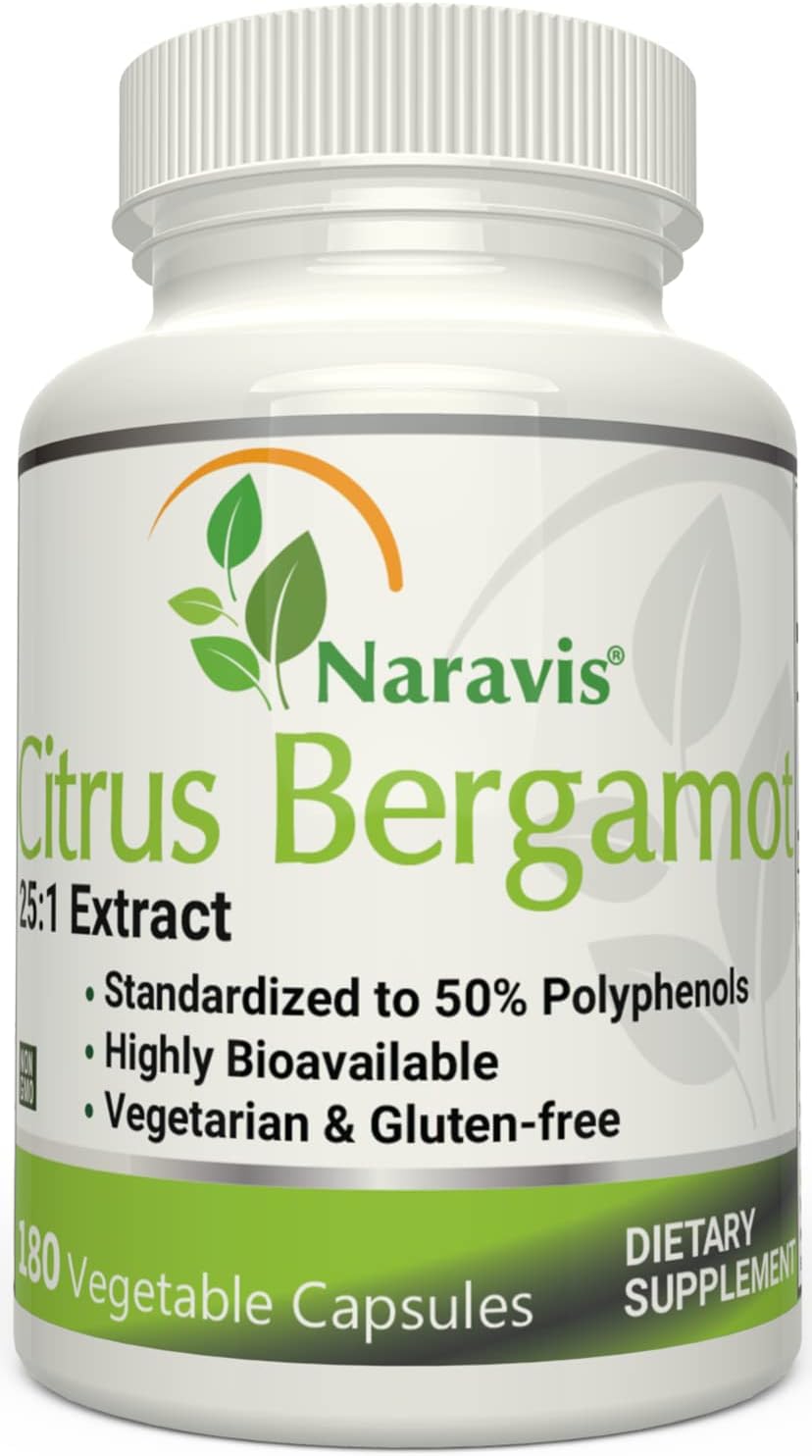 180 Capsules of Naravis Citrus Bergamot Extract with 25:1 Extract, 50% Polyphenols, and Black Pepper for Cholesterol-Lowering Support