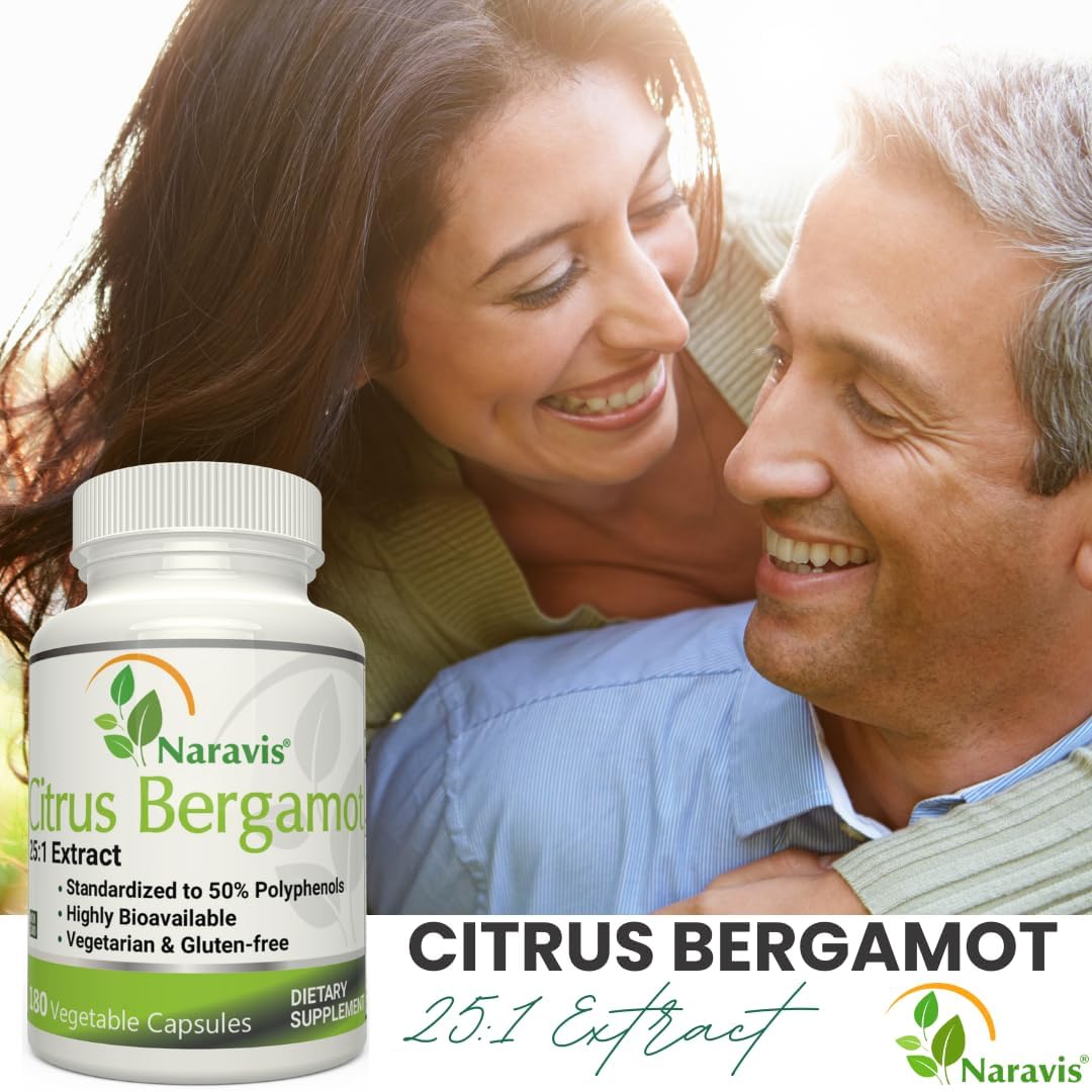 180 Capsules of Naravis Citrus Bergamot Extract with 25:1 Extract, 50% Polyphenols, and Black Pepper for Cholesterol-Lowering Support