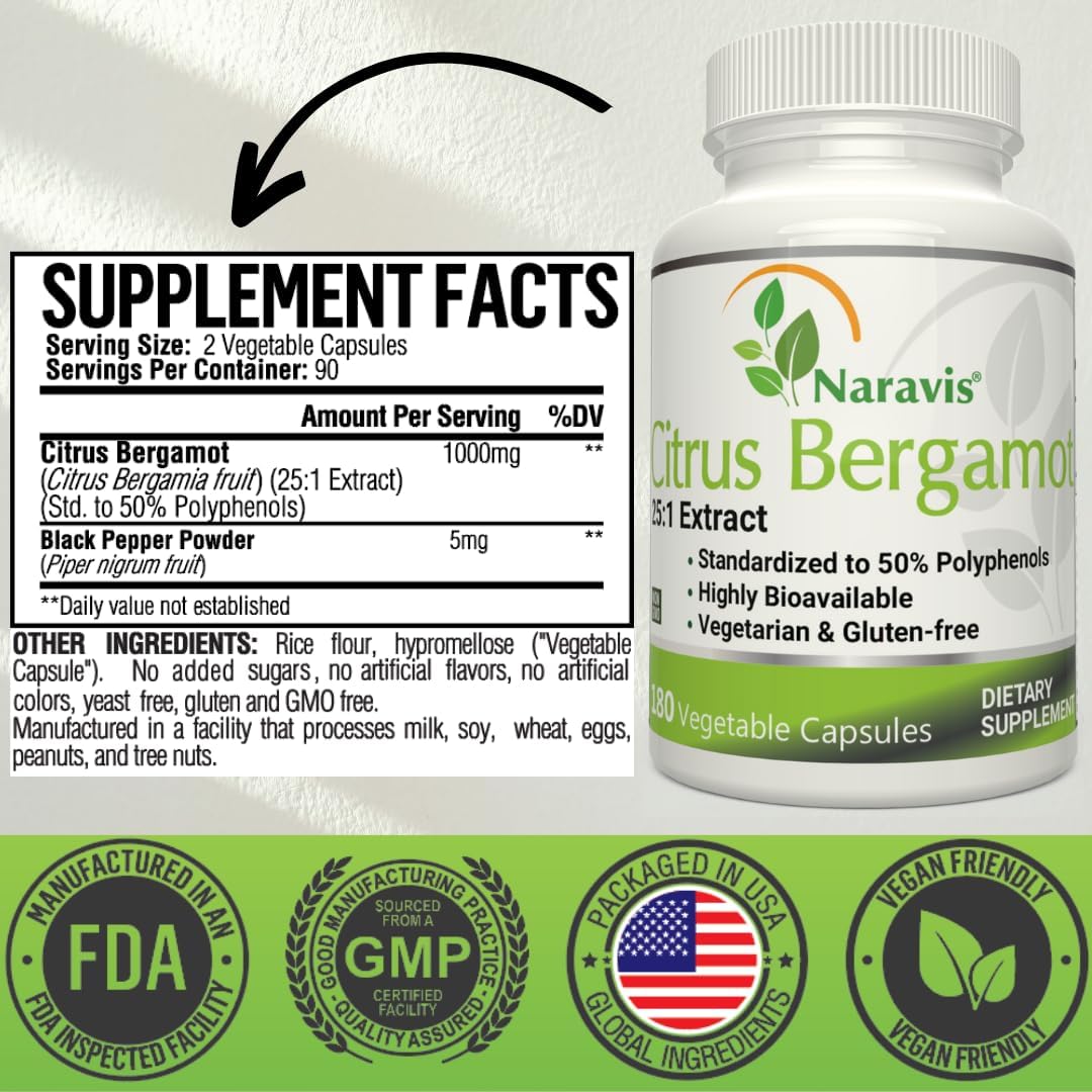 180 Capsules of Naravis Citrus Bergamot Extract with 25:1 Extract, 50% Polyphenols, and Black Pepper for Cholesterol-Lowering Support