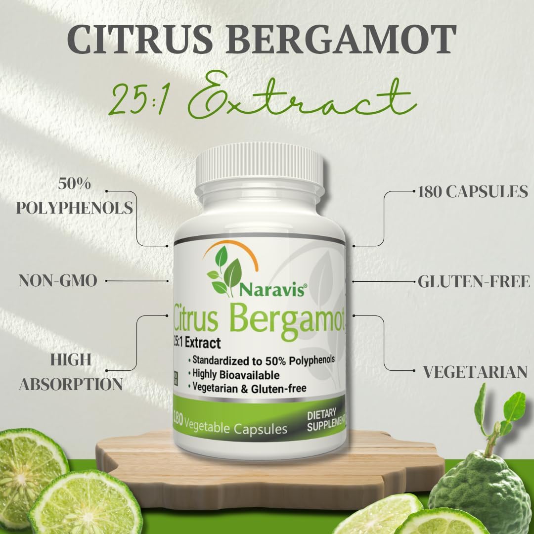 180 Capsules of Naravis Citrus Bergamot Extract with 25:1 Extract, 50% Polyphenols, and Black Pepper for Cholesterol-Lowering Support