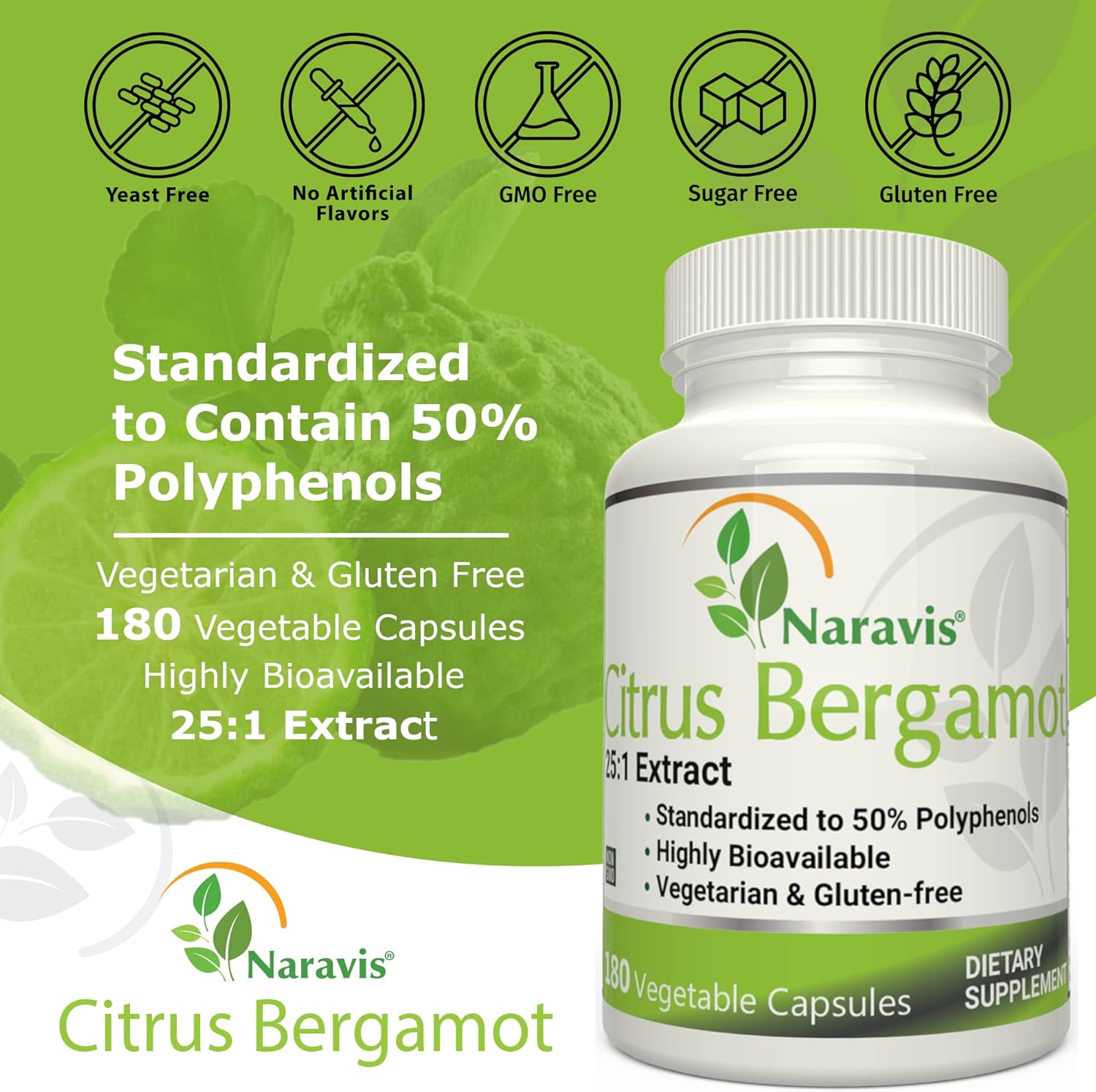 180 Capsules of Naravis Citrus Bergamot Extract with 25:1 Extract, 50% Polyphenols, and Black Pepper for Cholesterol-Lowering Support