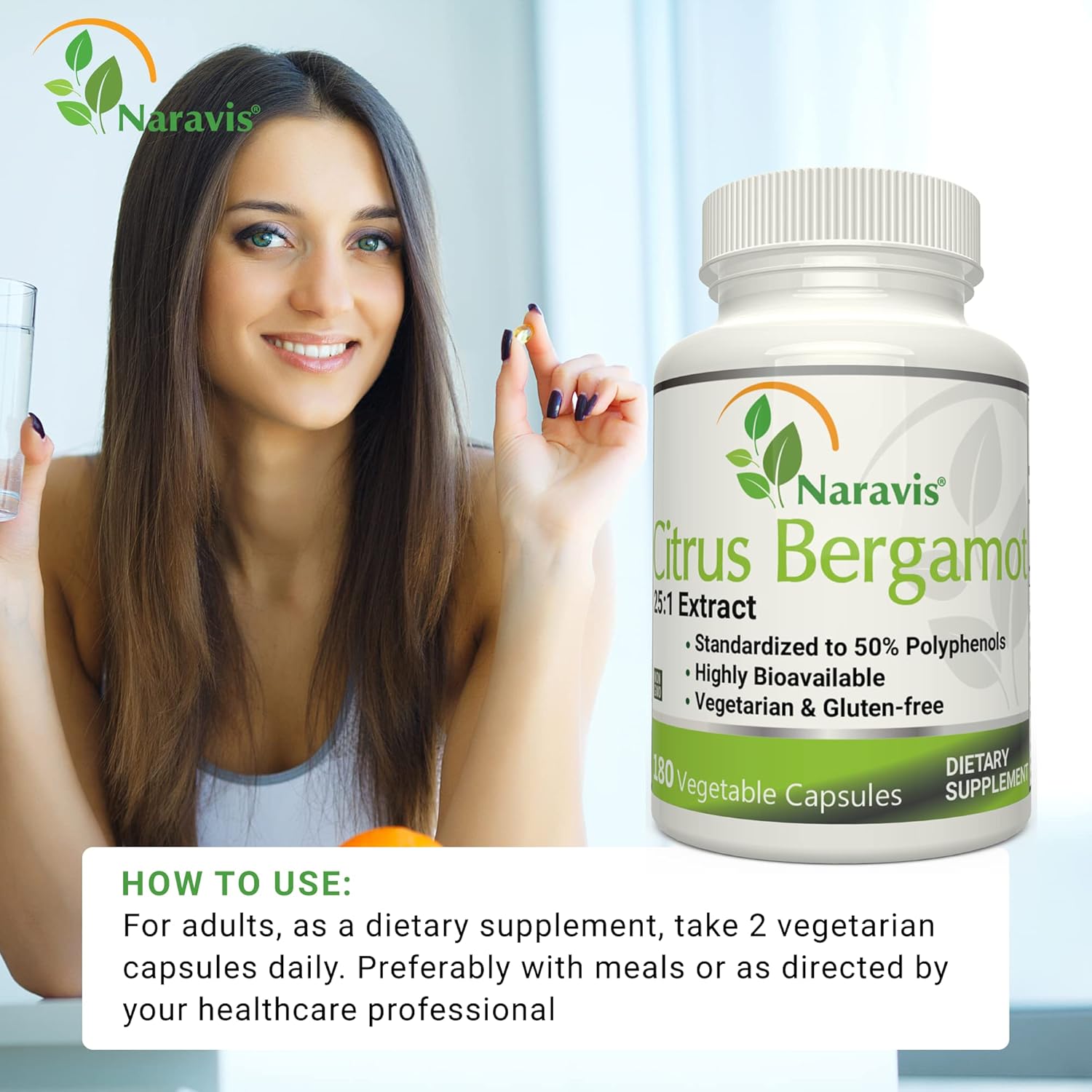 180 Capsules of Naravis Citrus Bergamot Extract with 25:1 Extract, 50% Polyphenols, and Black Pepper for Cholesterol-Lowering Support