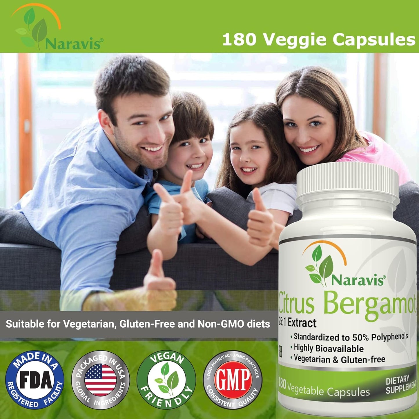 180 Capsules of Naravis Citrus Bergamot Extract with 25:1 Extract, 50% Polyphenols, and Black Pepper for Cholesterol-Lowering Support
