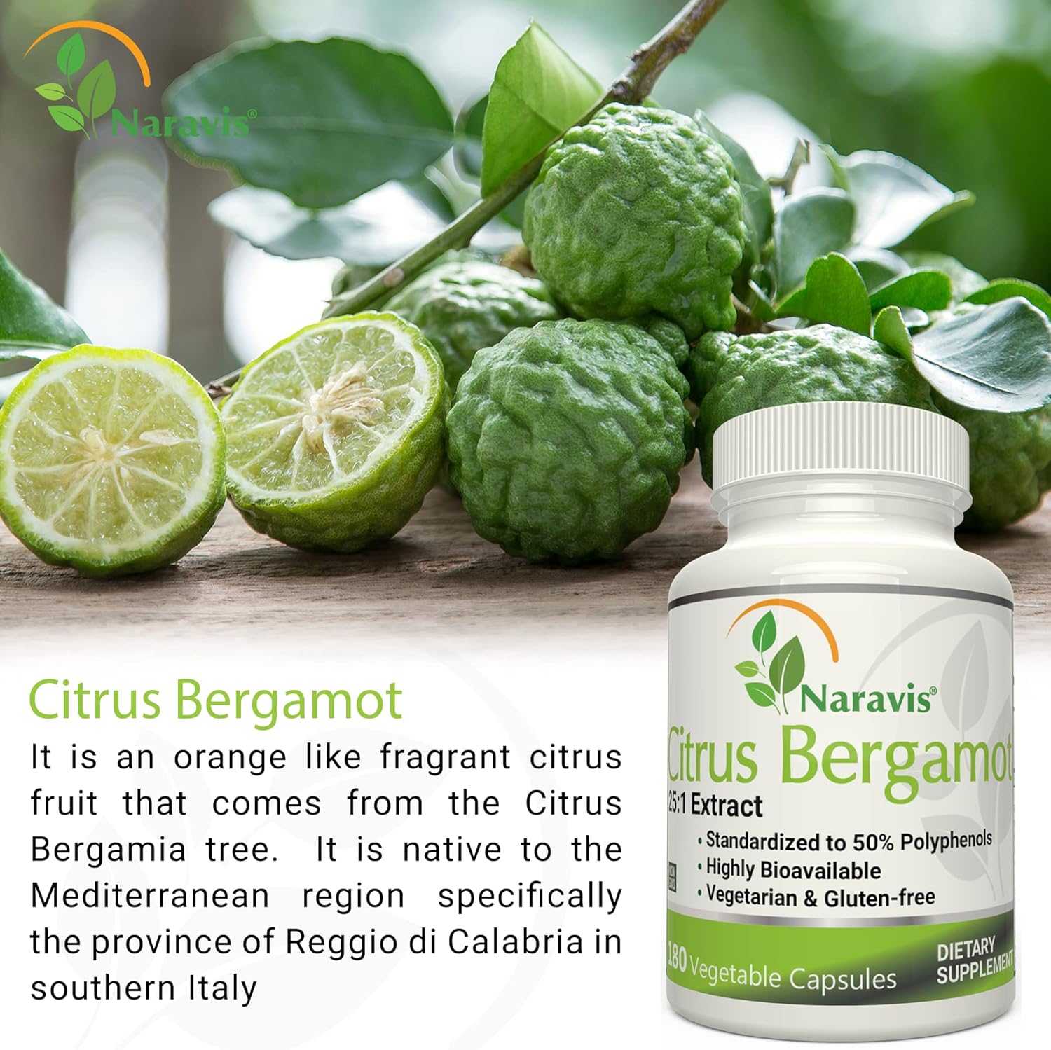 180 Capsules of Naravis Citrus Bergamot Extract with 25:1 Extract, 50% Polyphenols, and Black Pepper for Cholesterol-Lowering Support