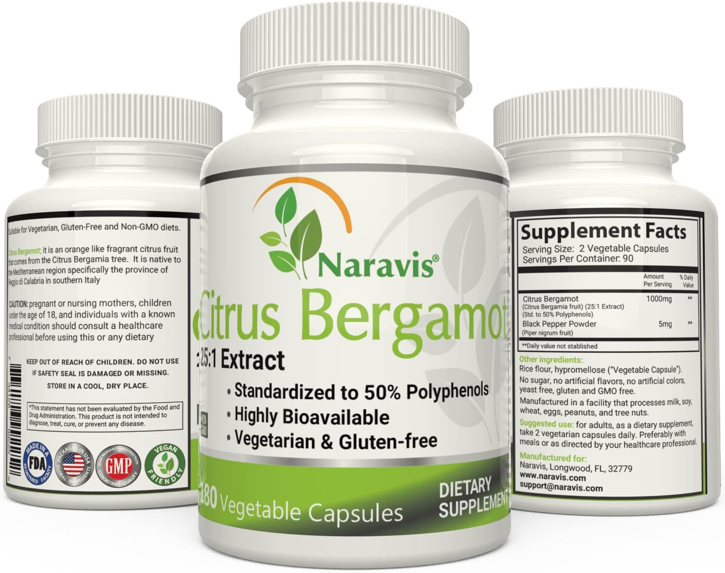 180 Capsules of Naravis Citrus Bergamot Extract with 25:1 Extract, 50% Polyphenols, and Black Pepper for Cholesterol-Lowering Support