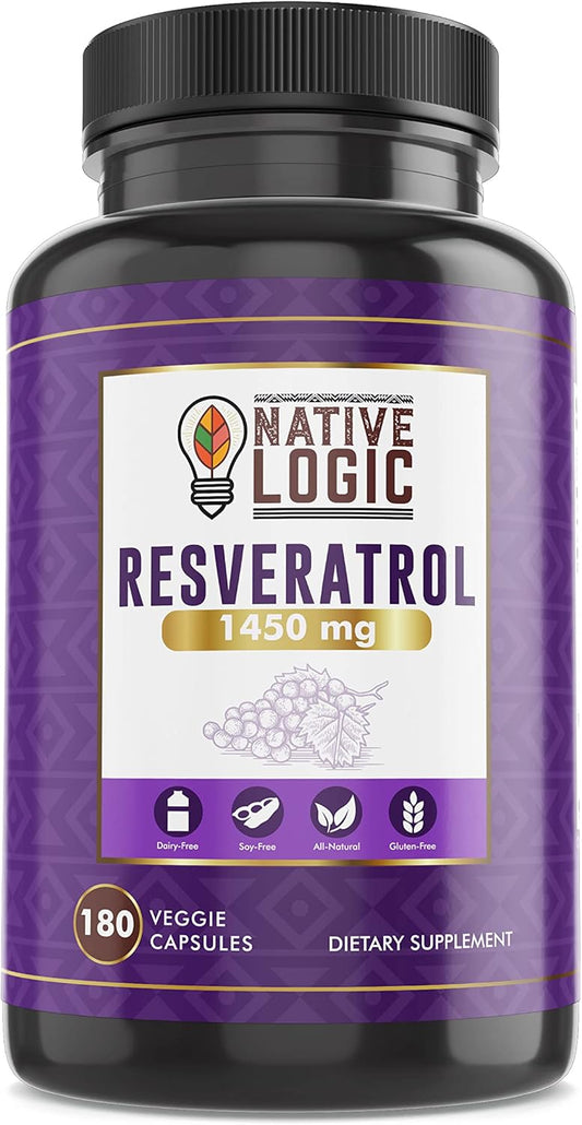 180 Capsules of Native Logic Trans-Resveratrol with Antioxidants, Acai Berry, Grape Seed, Green Tea Leaf Extract - 1450mg - Promotes Cardiovascular Health & Immune System Support