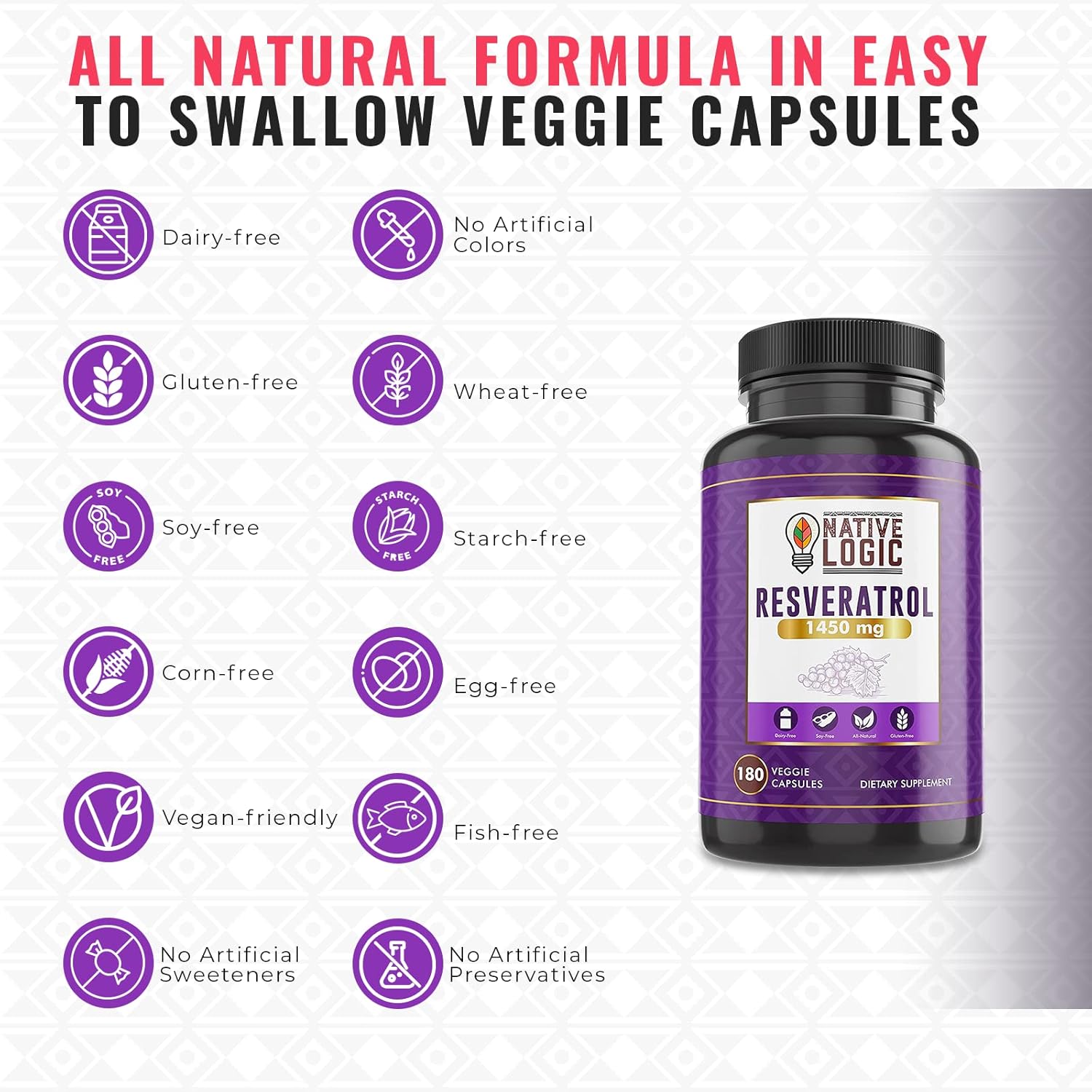 180 Capsules of Native Logic Trans-Resveratrol with Antioxidants, Acai Berry, Grape Seed, Green Tea Leaf Extract - 1450mg - Promotes Cardiovascular Health & Immune System Support