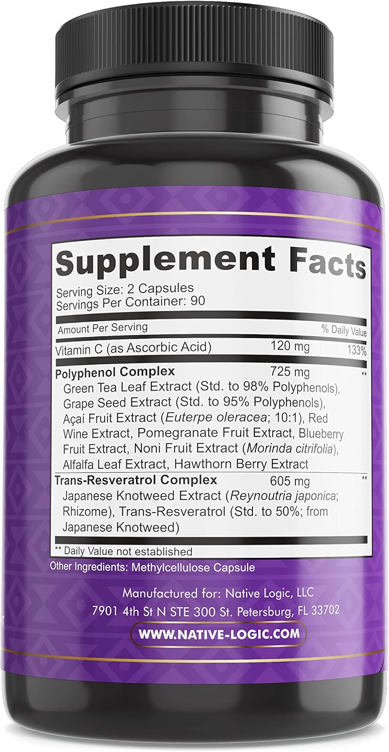 180 Capsules of Native Logic Trans-Resveratrol with Antioxidants, Acai Berry, Grape Seed, Green Tea Leaf Extract - 1450mg - Promotes Cardiovascular Health & Immune System Support