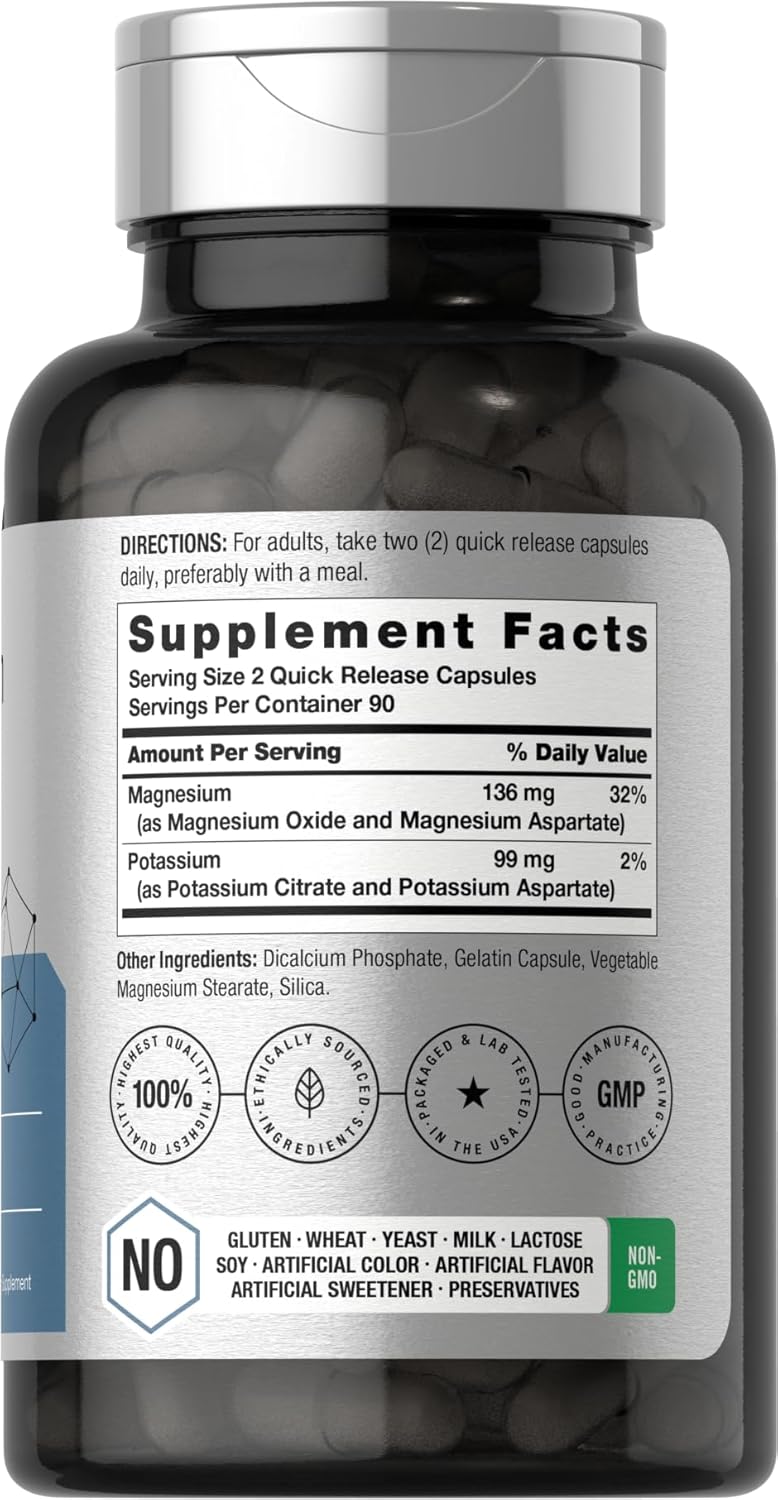 180 Capsules of Non-GMO Gluten-Free Horbäach Magnesium Potassium Aspartate Complex
