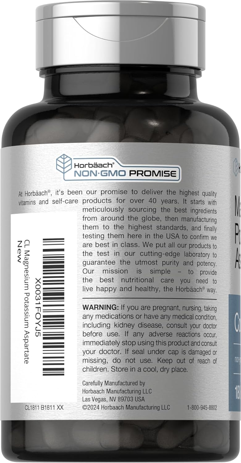 180 Capsules of Non-GMO Gluten-Free Horbäach Magnesium Potassium Aspartate Complex