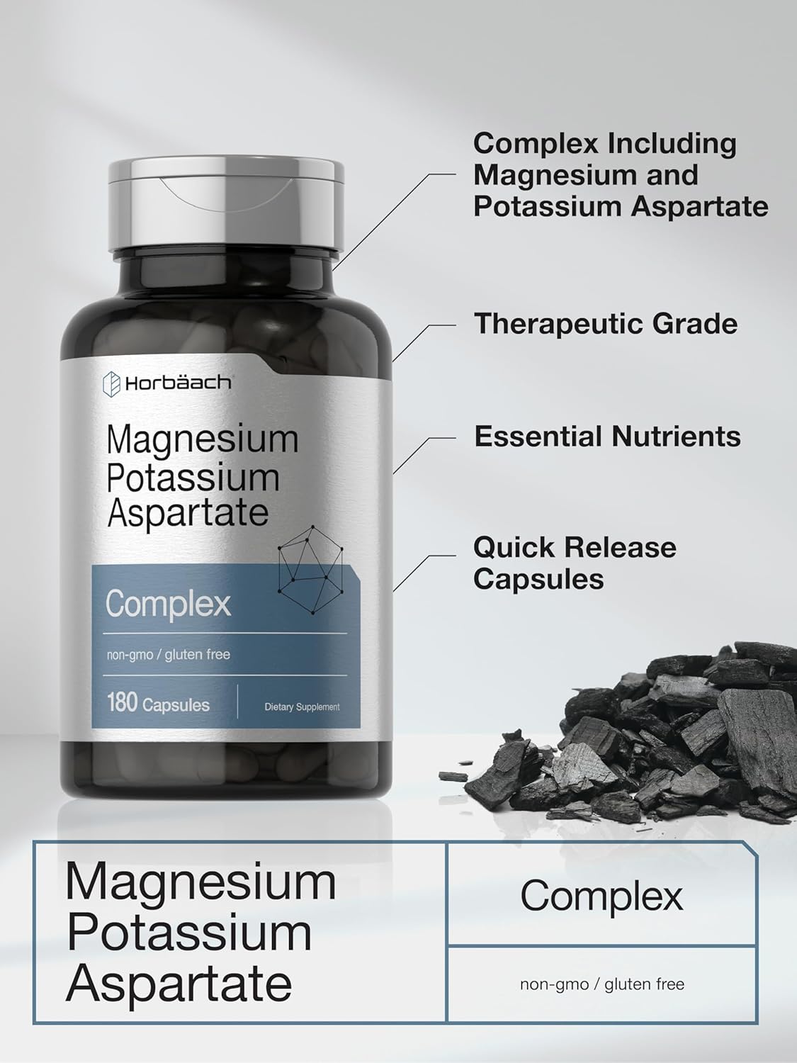 180 Capsules of Non-GMO Gluten-Free Horbäach Magnesium Potassium Aspartate Complex