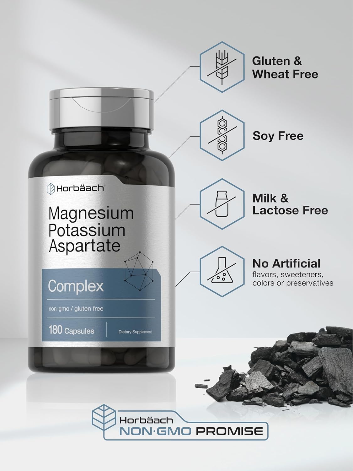 180 Capsules of Non-GMO Gluten-Free Horbäach Magnesium Potassium Aspartate Complex