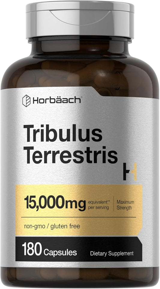 180 Capsules of Non-GMO Horbäach Tribulus Terrestris Extract for Men - 15000mg Maximum Strength Gluten Free Supplement