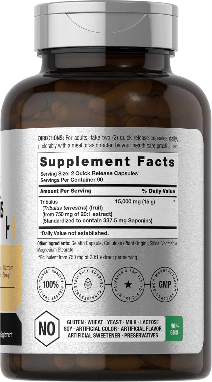 180 Capsules of Non-GMO Horbäach Tribulus Terrestris Extract for Men - 15000mg Maximum Strength Gluten Free Supplement