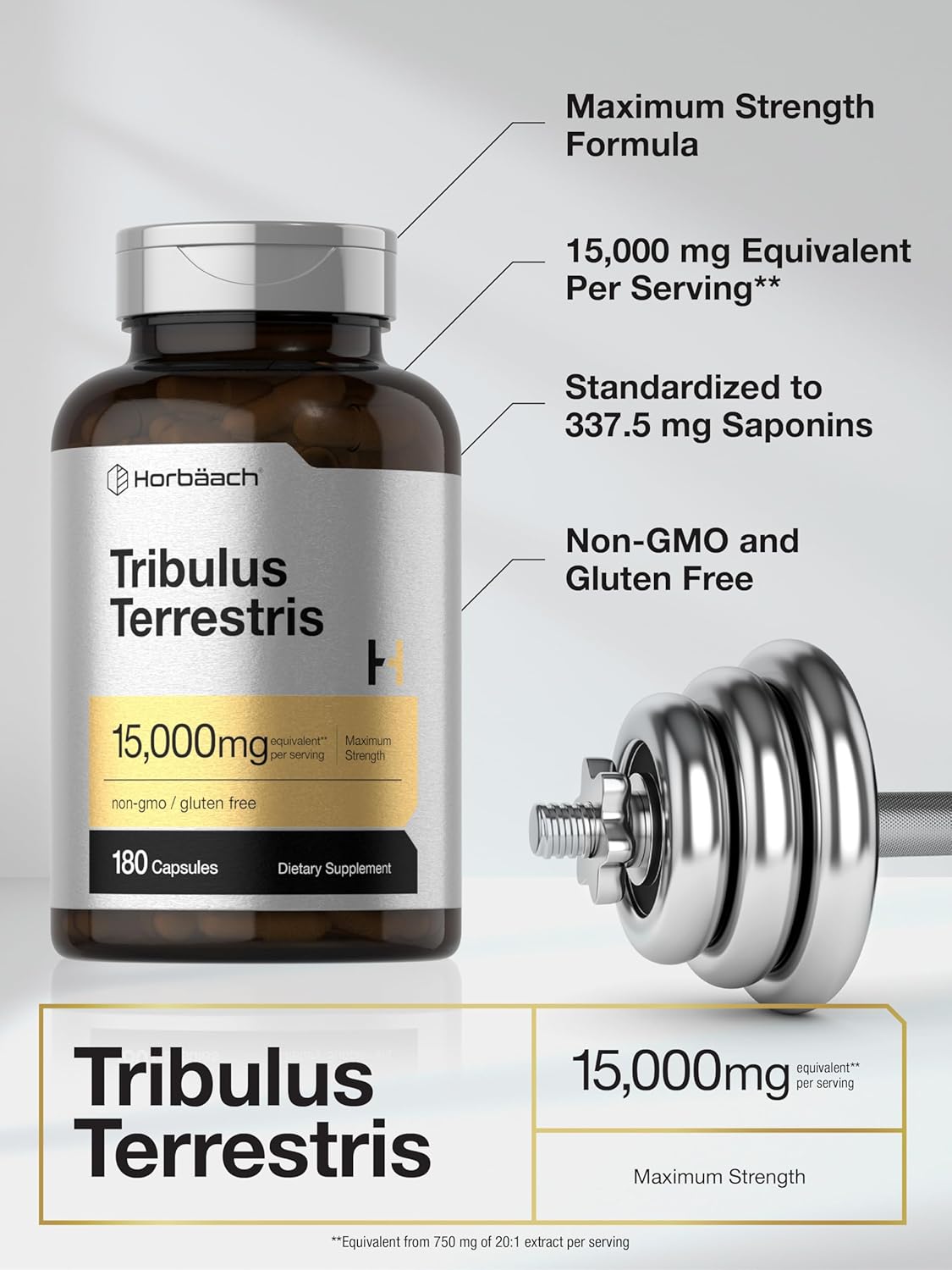 180 Capsules of Non-GMO Horbäach Tribulus Terrestris Extract for Men - 15000mg Maximum Strength Gluten Free Supplement