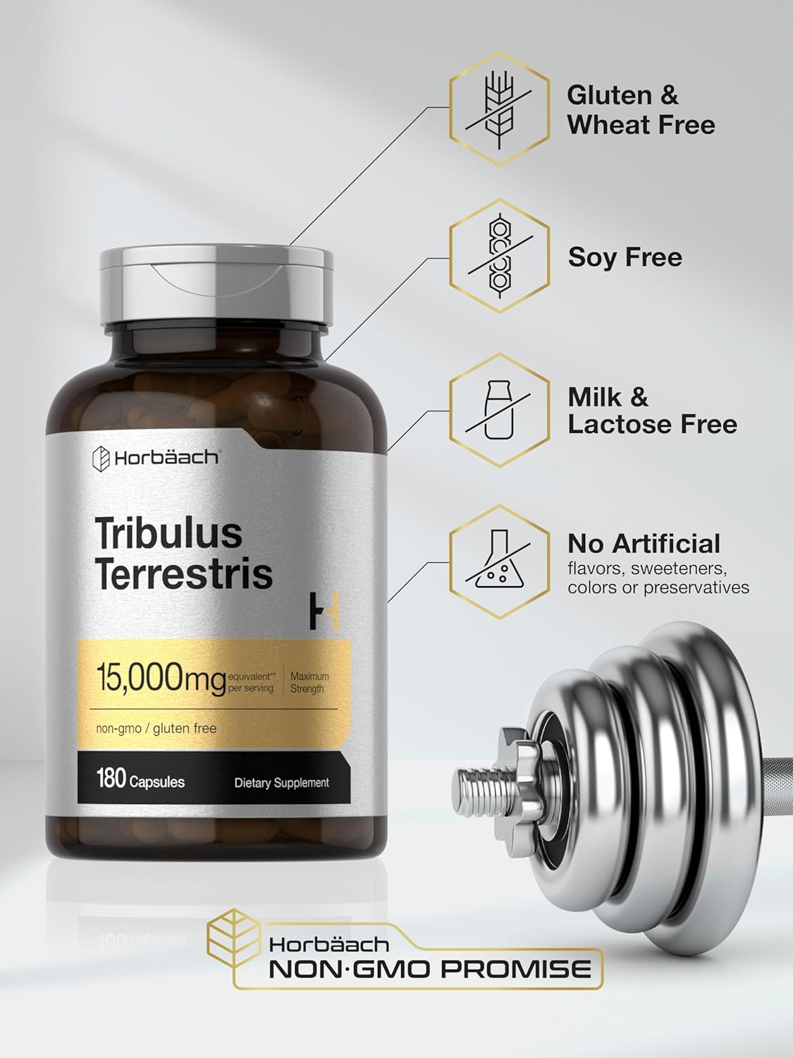 180 Capsules of Non-GMO Horbäach Tribulus Terrestris Extract for Men - 15000mg Maximum Strength Gluten Free Supplement