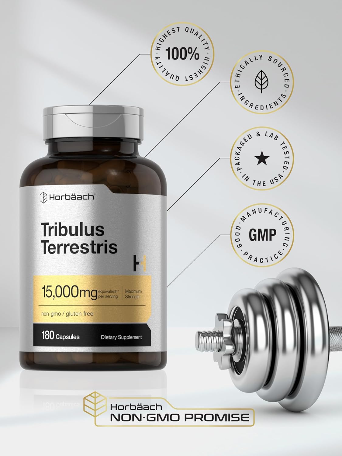 180 Capsules of Non-GMO Horbäach Tribulus Terrestris Extract for Men - 15000mg Maximum Strength Gluten Free Supplement