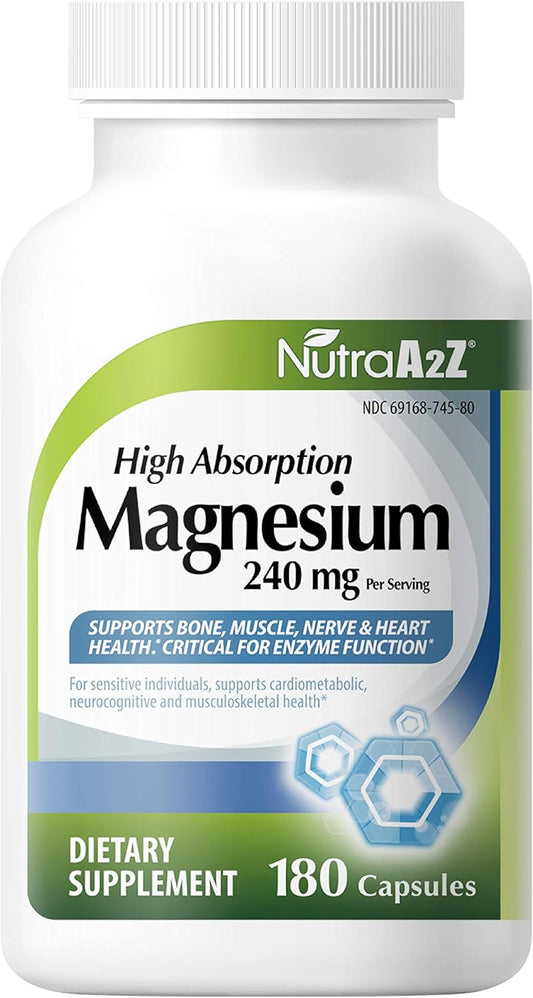 180 Capsules of NutraA2Z High Absorption 100% Chelated Magnesium Supplement - 240mg