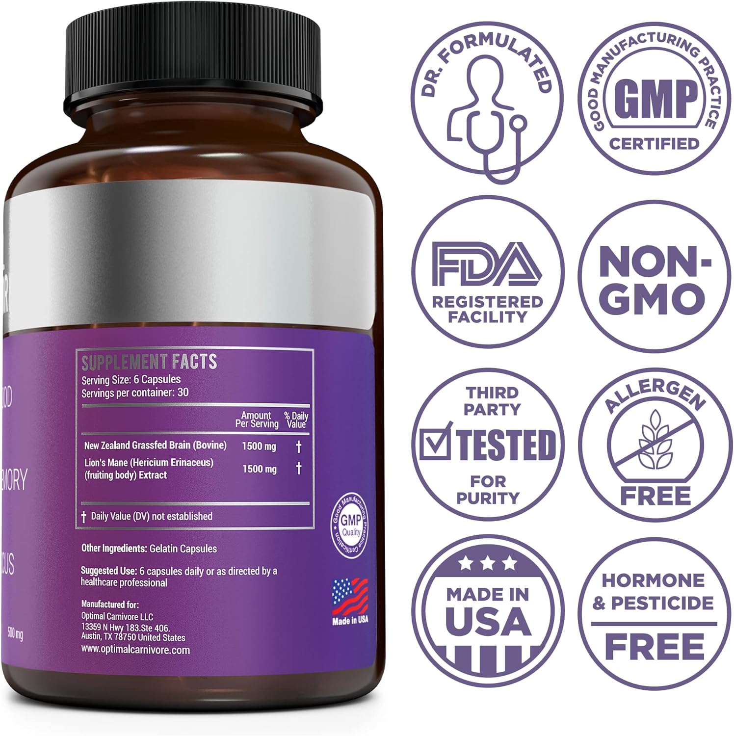 180 Capsules of Optimal Carnivore Lions Mane Mushroom & Beef Brain Nootropic Brain Support Supplement for Memory and Focus