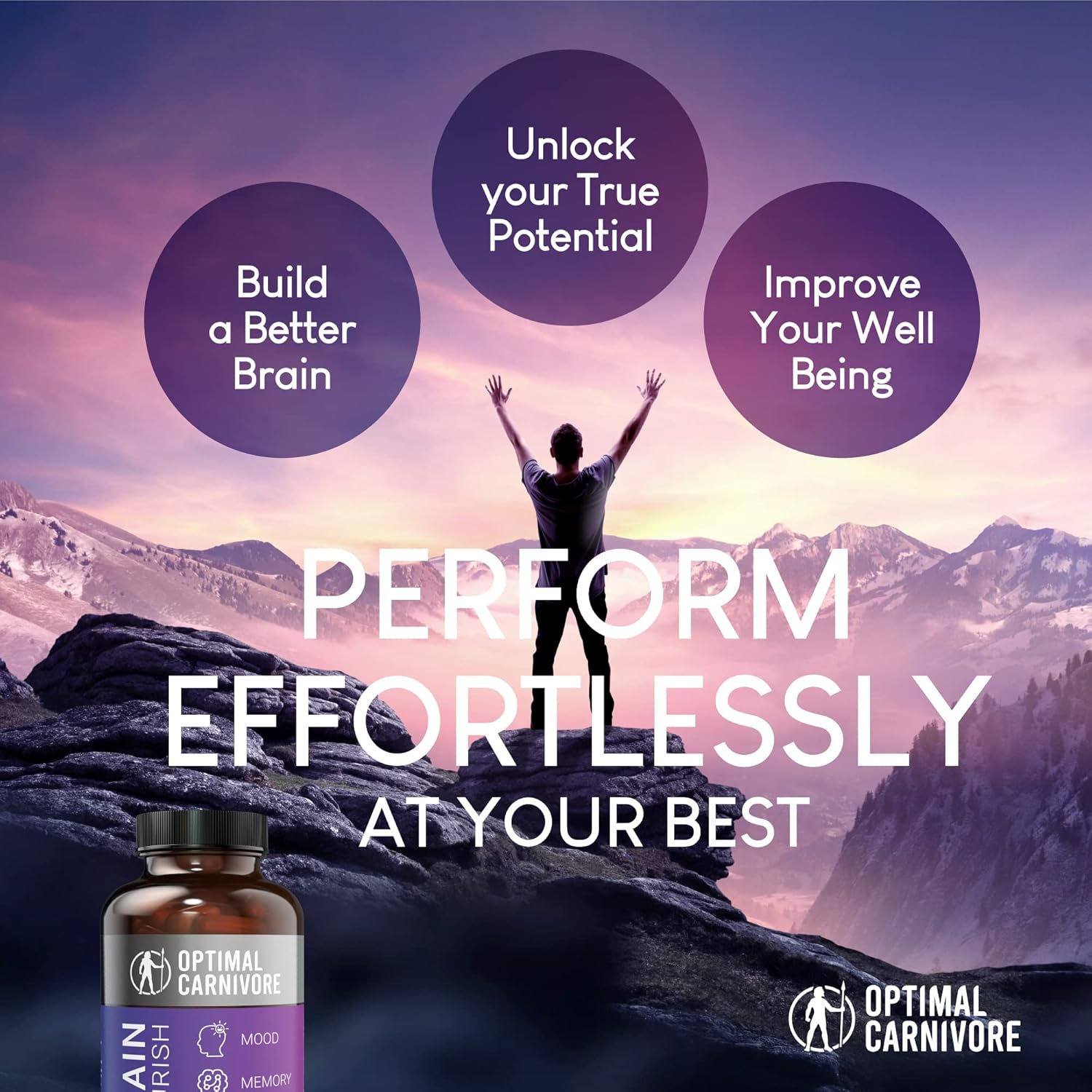 180 Capsules of Optimal Carnivore Lions Mane Mushroom & Beef Brain Nootropic Brain Support Supplement for Memory and Focus