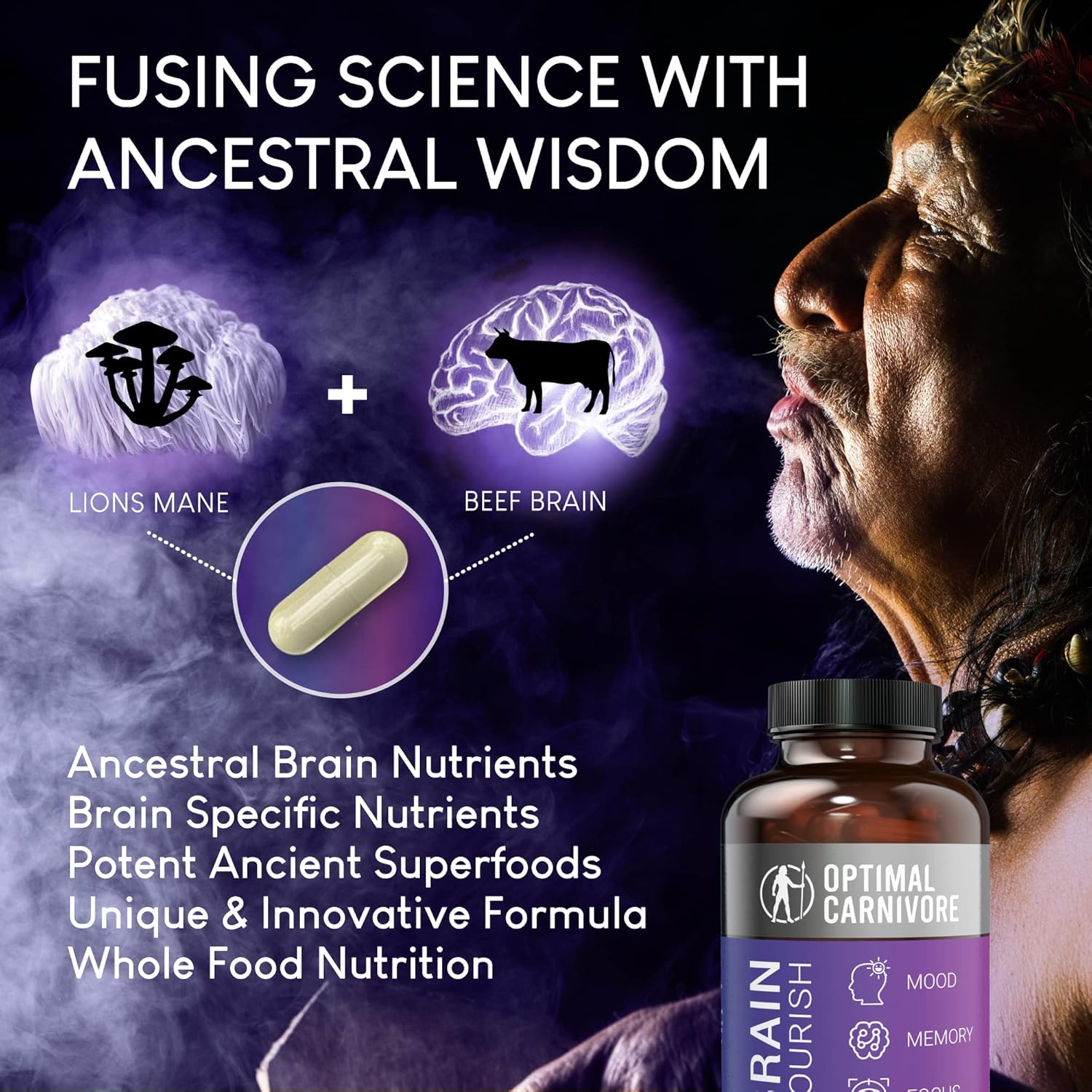 180 Capsules of Optimal Carnivore Lions Mane Mushroom & Beef Brain Nootropic Brain Support Supplement for Memory and Focus