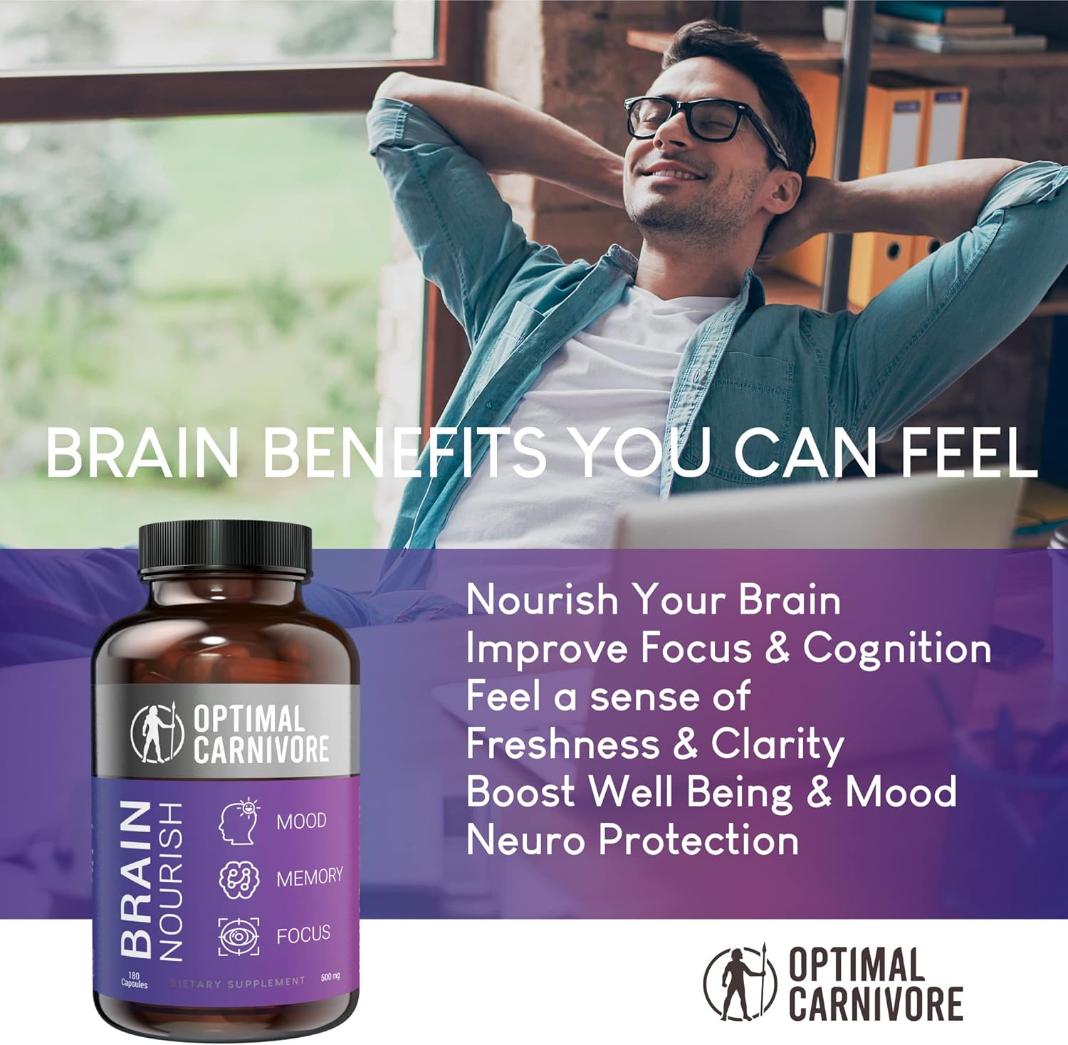 180 Capsules of Optimal Carnivore Lions Mane Mushroom & Beef Brain Nootropic Brain Support Supplement for Memory and Focus