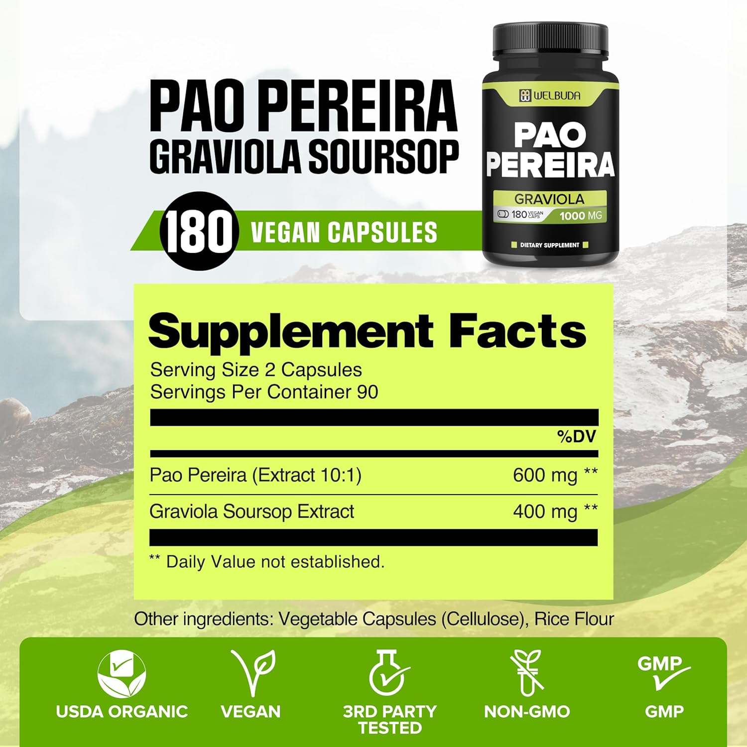 180 Capsules of Pao Pereira Herb Extract 10:1 and Graviola Soursop for Immune System and Strength Support