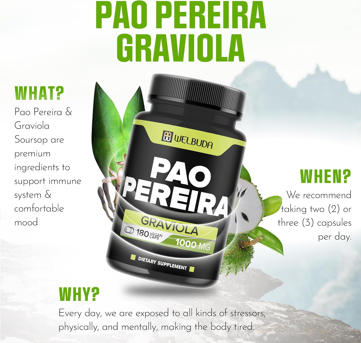 180 Capsules of Pao Pereira Herb Extract 10:1 and Graviola Soursop for Immune System and Strength Support