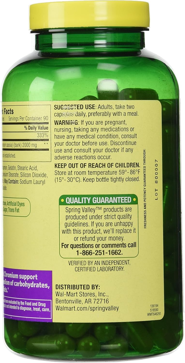 180 Capsules of Spring Valley Cinnamon 1000mg with Chromium for Support