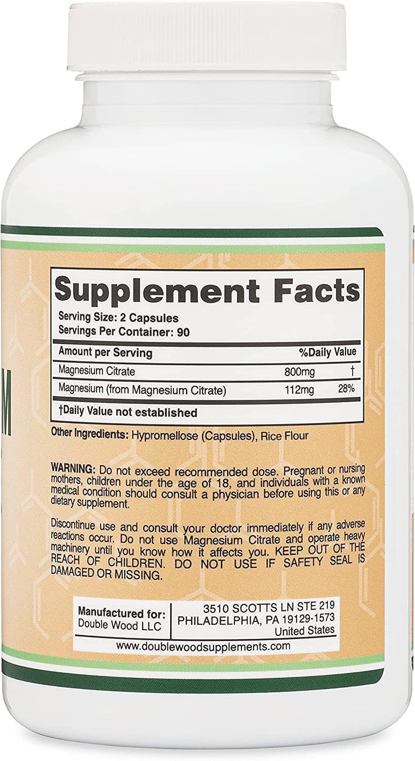 180 Capsules of Vegan Safe Magnesium Citrate 800mg for Digestion & Constipation Support - Non-GMO by Double Wood Supplements